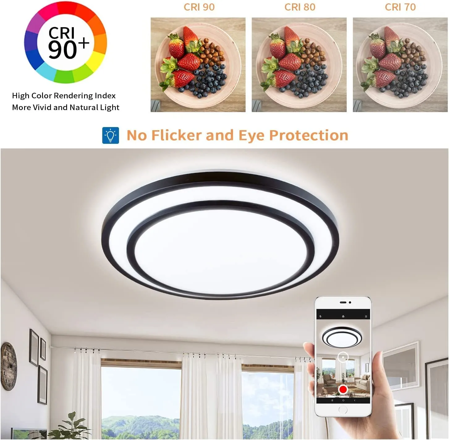 20-Inch Round Dimmable LED Ceiling Light Fixture with Remote Control & 3 Light Temperatures