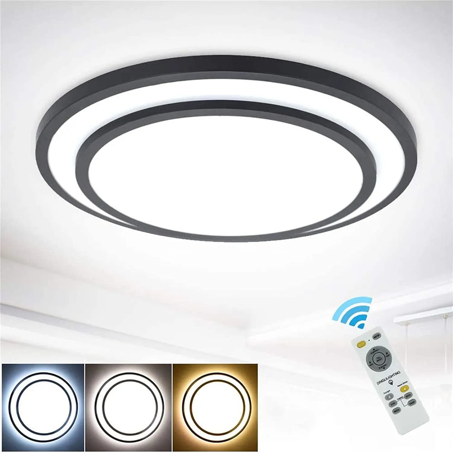 20-Inch Round Dimmable LED Ceiling Light Fixture with Remote Control & 3 Light Temperatures