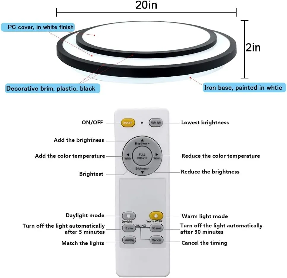 20-Inch Round Dimmable LED Ceiling Light Fixture with Remote Control & 3 Light Temperatures