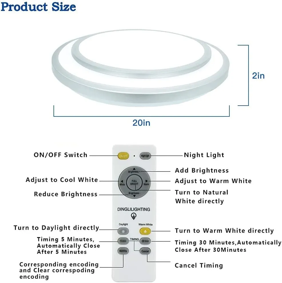 20-Inch Round Dimmable LED Ceiling Light Fixture with Remote Control & 3 Light Temperatures