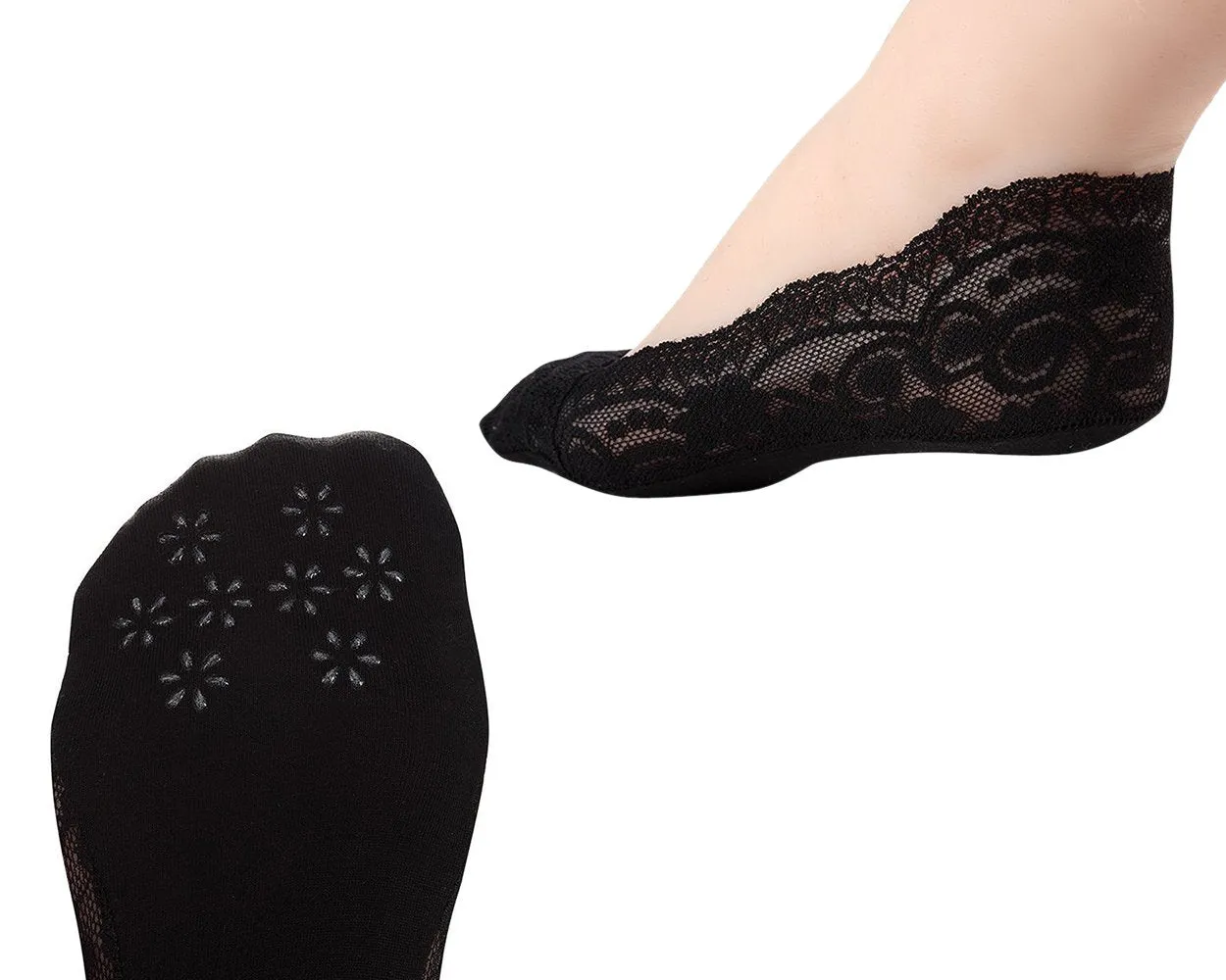 4 Pairs One Size Women Lace Non-Skid No Show Socks Set - Black and Beige