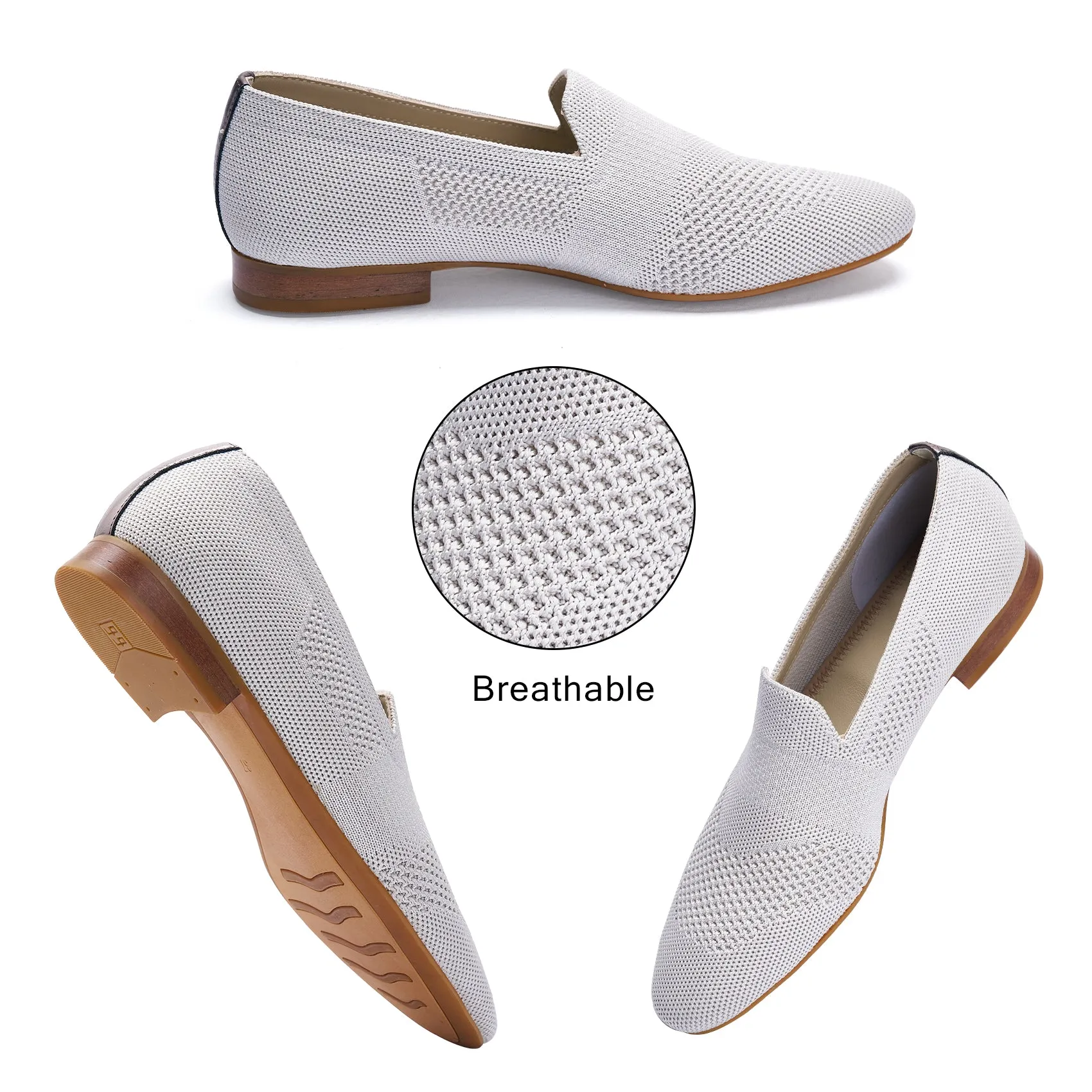 AiciBerllucci  -AINA-Silver  Knit &Calfskin Leather Upper&Cow Leather Lining-Aina- Women Knit Flat Shoes,Comfort Loafers Penny Moccasins-Slip-on Shoes- Knit Driving Loafers -Round Toe Walking Fashion