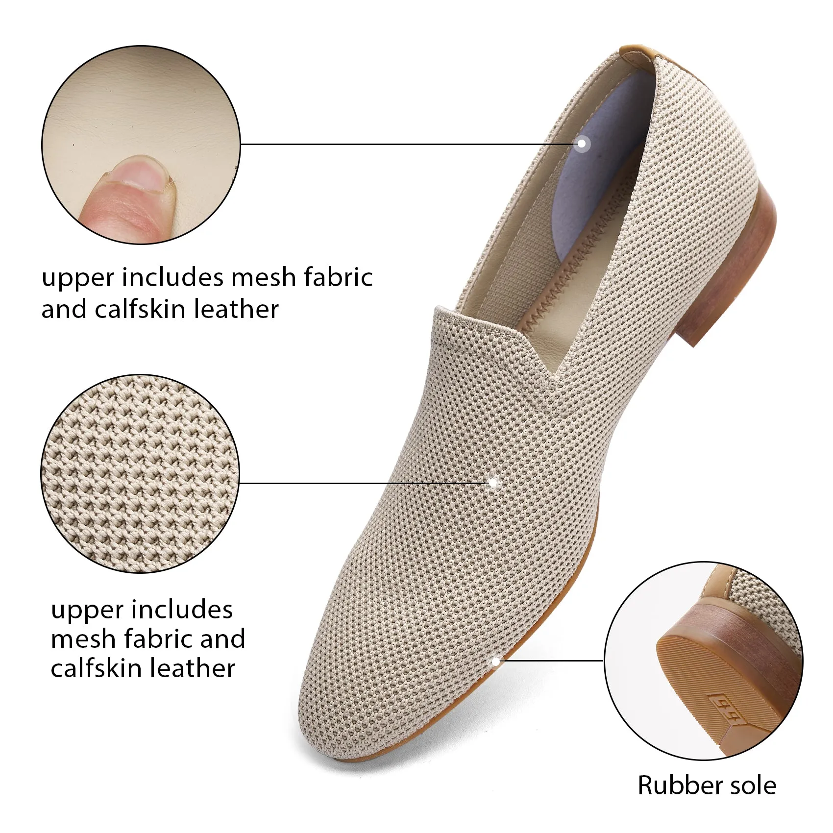 AiciBerllucci Apricot Knit &Calfskin Leather Upper&Cow Leather Lining-Aina- Women Knit Flat Shoes,Comfort Loafers Penny Moccasins-Slip-on Shoes- Knit Driving Loafers -Round Toe Walking Fashion