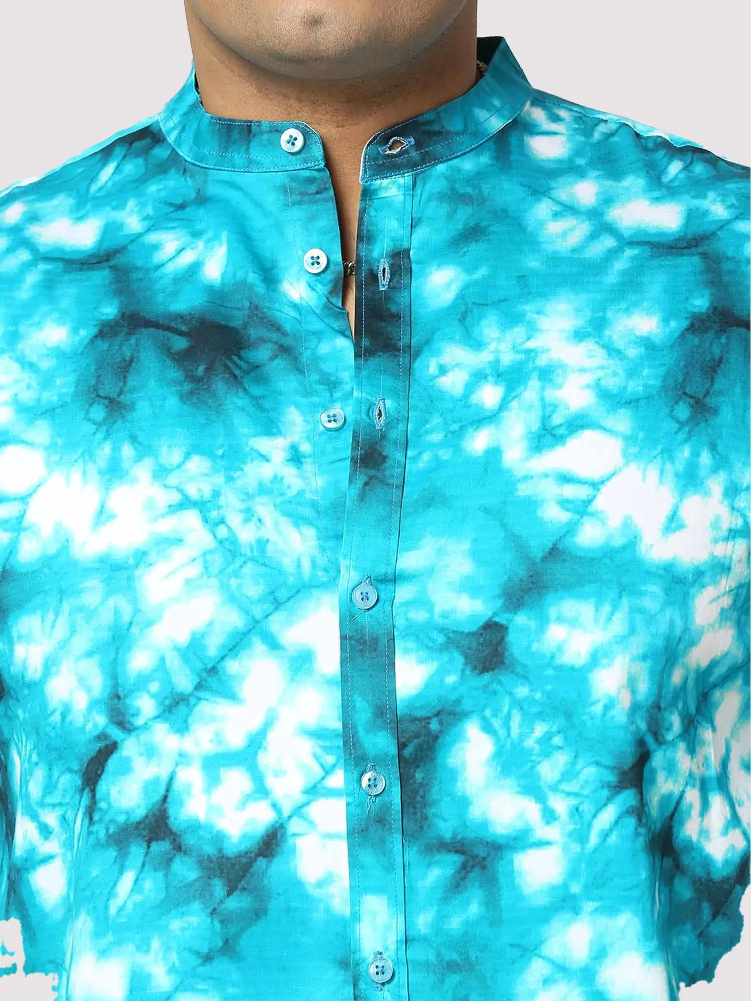 Aqua Digital Printed Chinese Collar Men's Plus Size Full Shirt