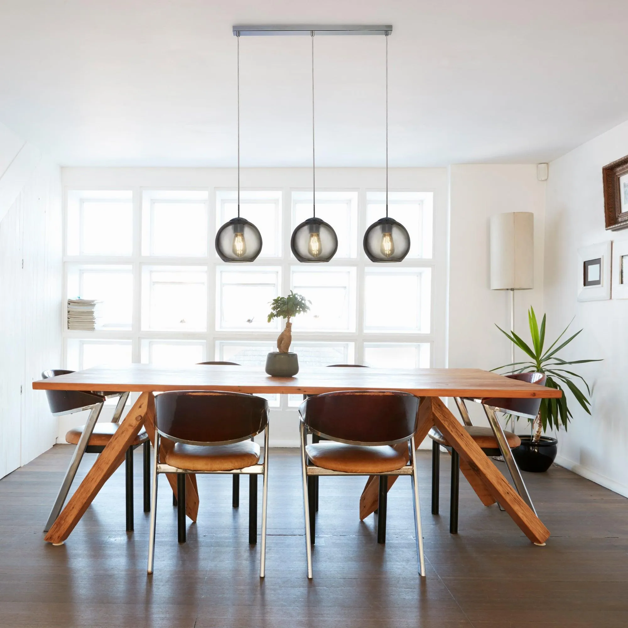 Balls 3 Light Chrome Bar Pendant With Smoke Glass Shades