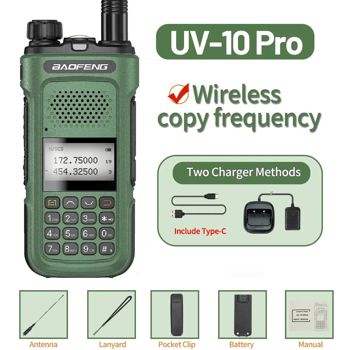 Baofeng UV-10 Pro Walkie Talkie Wireless Copy Frequency Dual Band 999CH Type-C Long Range High Power UV-5R Ham Two Way Radio