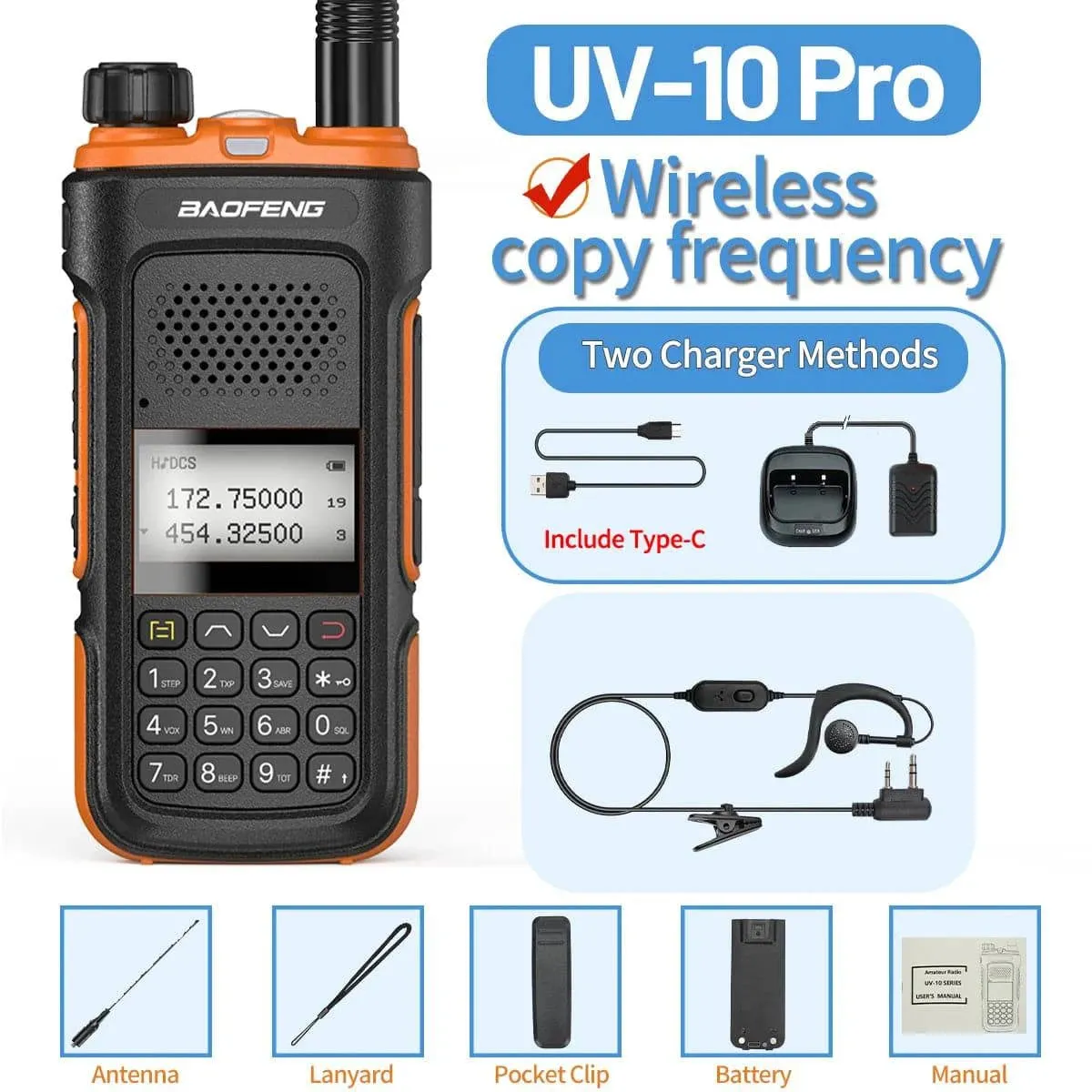 Baofeng UV-10 Pro Walkie Talkie Wireless Copy Frequency Dual Band 999CH Type-C Long Range High Power UV-5R Ham Two Way Radio