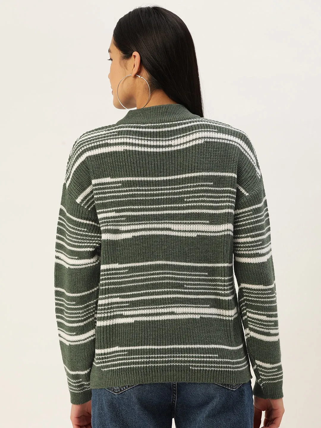 Berrylush Women Green & White Striped Pattern Round Neck Drop-Shoulder Sleeves Acrylic Ribbed Hem Regular Sweater