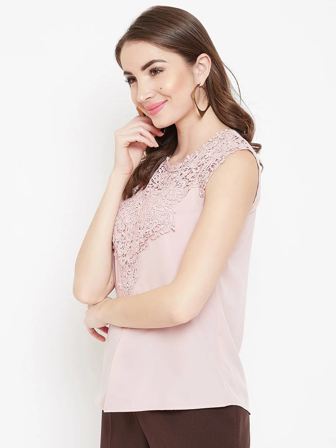 Berrylush Women Solid Pink Round-Neck Lace Embroidered Regular Top