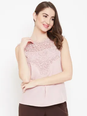 Berrylush Women Solid Pink Round-Neck Lace Embroidered Regular Top