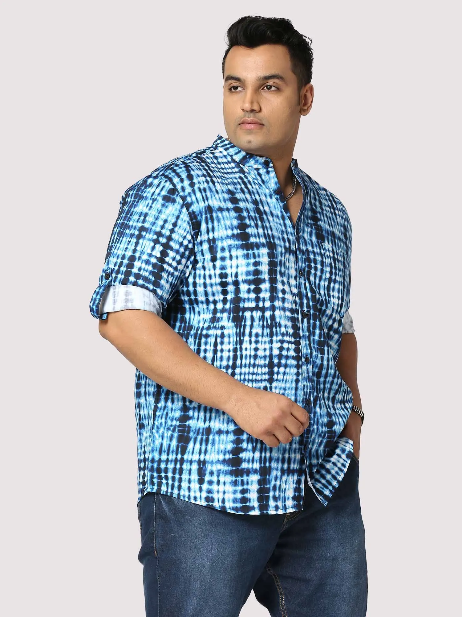 Coral Digital Printed Chinese Collar Men's Plus Size Full Shirt