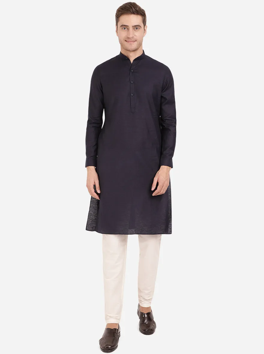 Denim Blue Self Textured Regular Fit Modi Kurta | JadeBlue