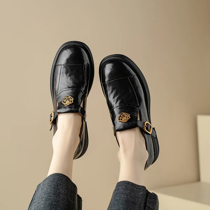 Handmade Leather Round Toe Loafers For Women In Black/Coffee