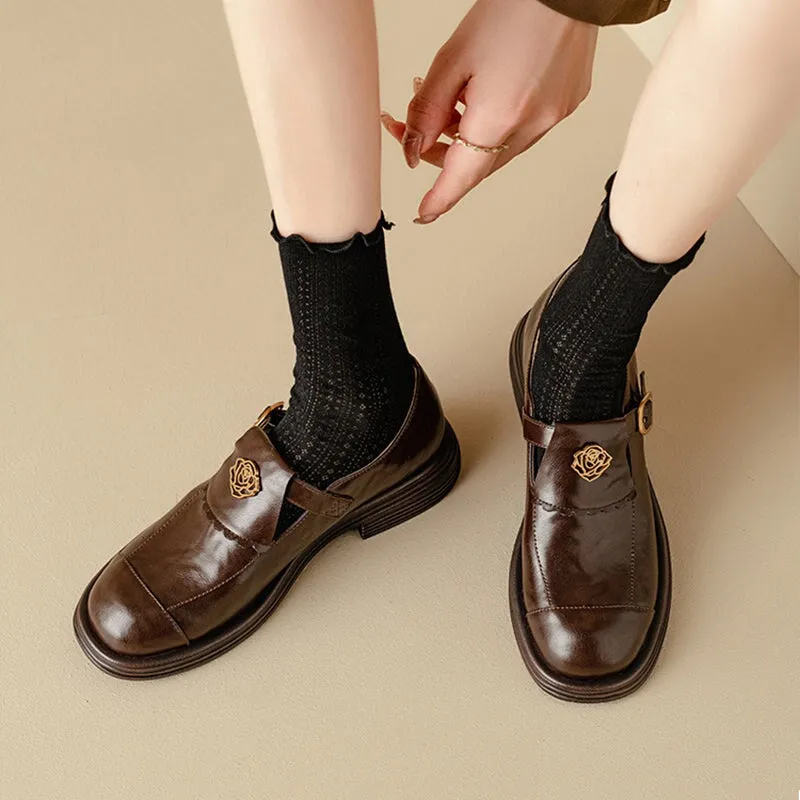 Handmade Leather Round Toe Loafers For Women In Black/Coffee