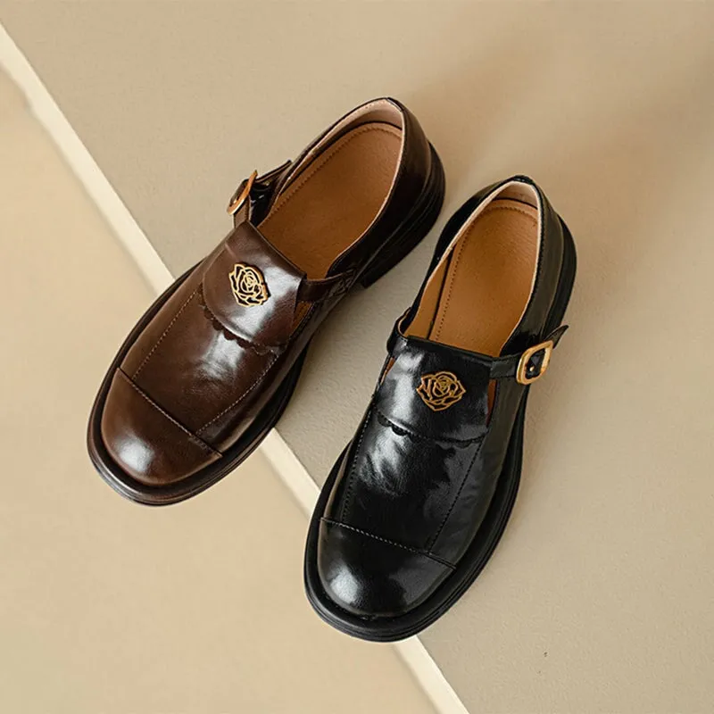 Handmade Leather Round Toe Loafers For Women In Black/Coffee