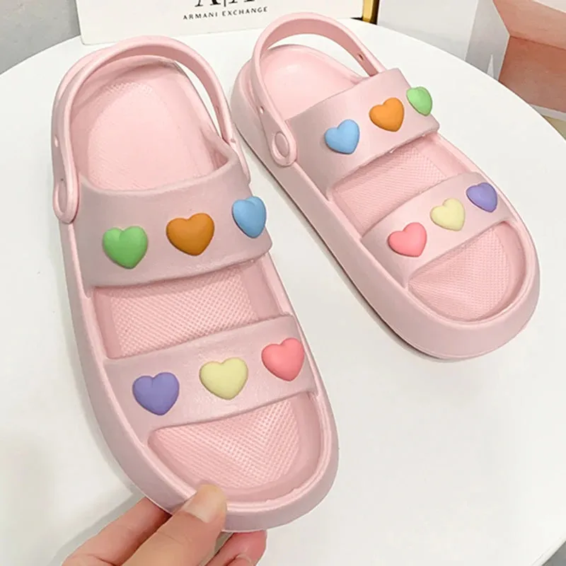 Hnzxzm Heart Decoration Platform Sandals for Women Summer Eva Soft Sole Baech Slippers Woman Anti-Slip Pink Slides Shoes