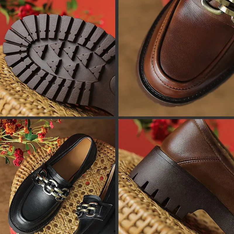 Horsebit-Detailed Handmade Leather Platform Loafers For Women In Black/Coffee