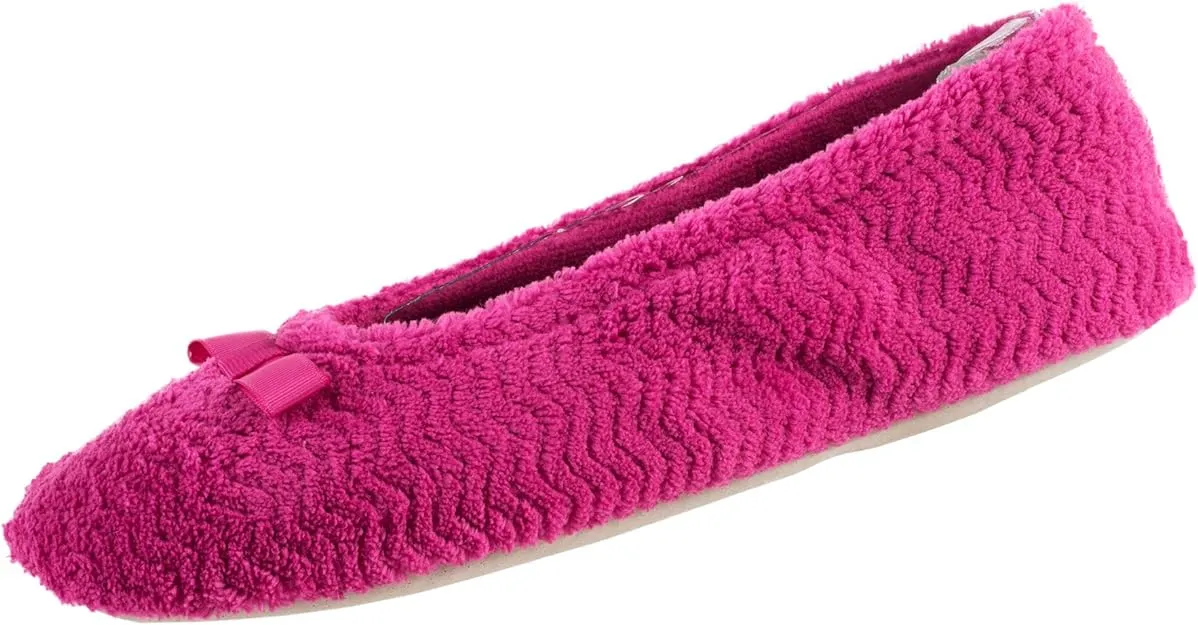 Isotoner Women's Chevron Microterry Ballerina Slipper with Moisture Wicking Lining, Ribbon Bow and Suede Sole for Comfort