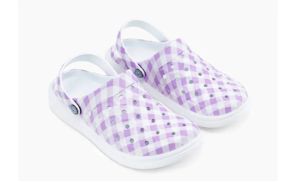 Joybees Womens Varsity Clog Graphic Lilac Gingham