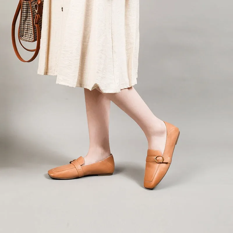 Leather Metal Buckle Flat Loafers For Women Slouchy style In Apricot/Khaki/Beige