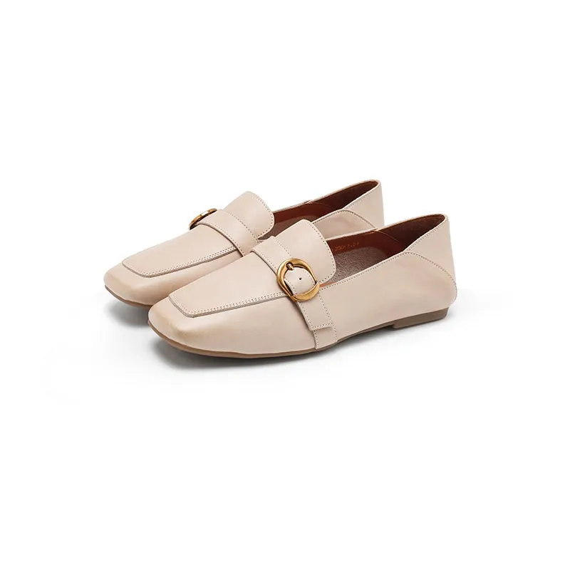 Leather Metal Buckle Flat Loafers For Women Slouchy style In Apricot/Khaki/Beige