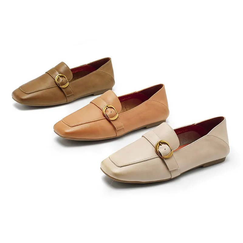 Leather Metal Buckle Flat Loafers For Women Slouchy style In Apricot/Khaki/Beige