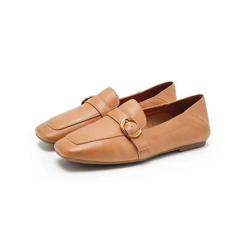 Leather Metal Buckle Flat Loafers For Women Slouchy style In Apricot/Khaki/Beige