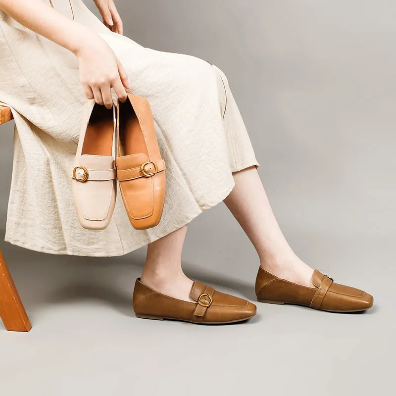 Leather Metal Buckle Flat Loafers For Women Slouchy style In Apricot/Khaki/Beige