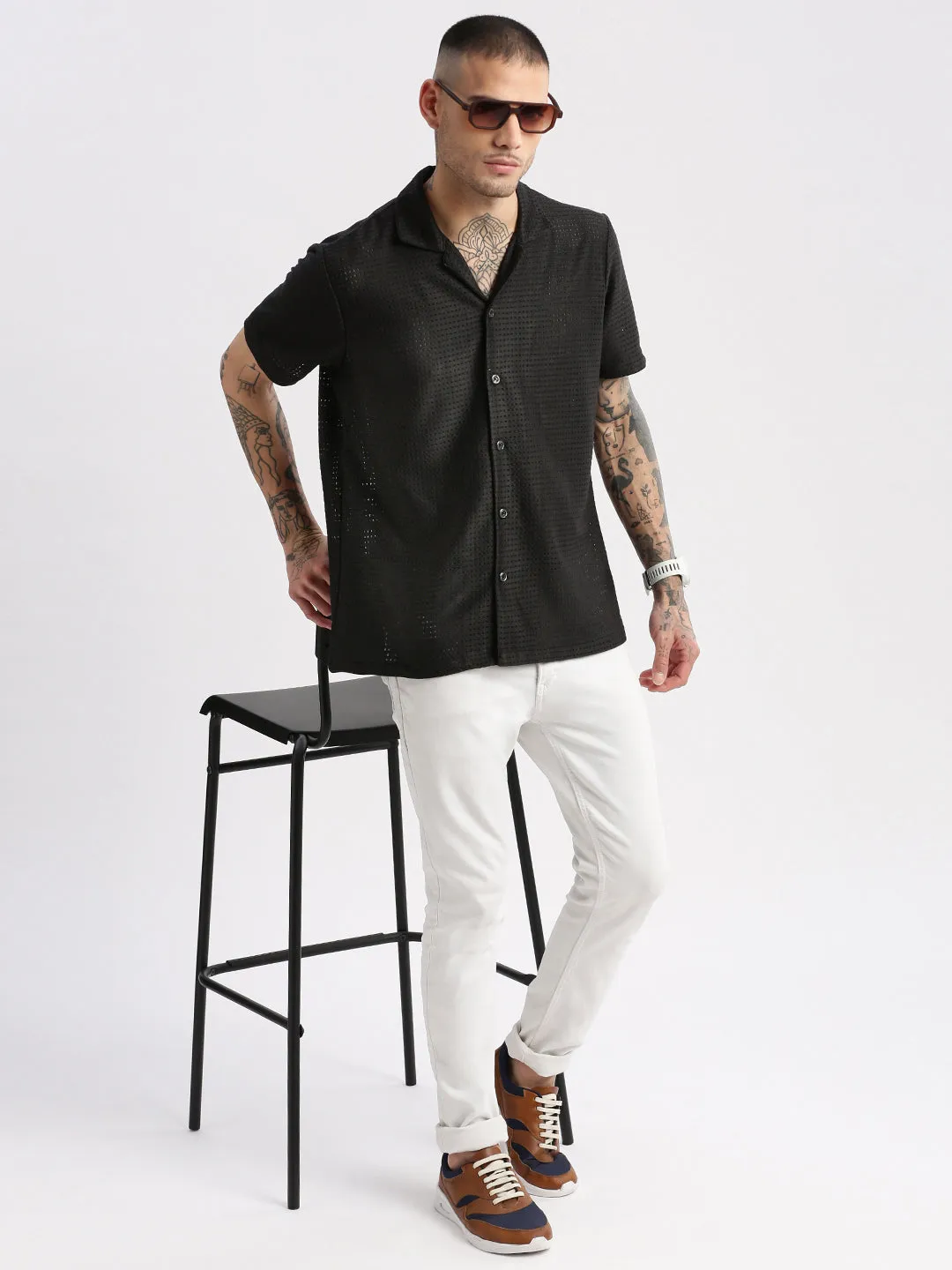 Men Cuban Collar Solid Black Crochet Shirt