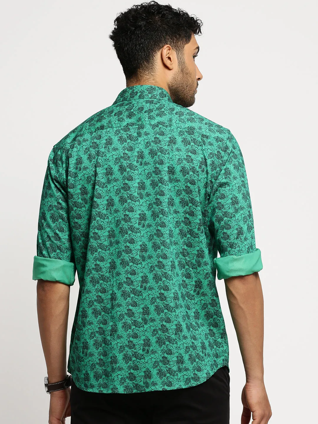 Men Green Spread Collar Floral Shirt