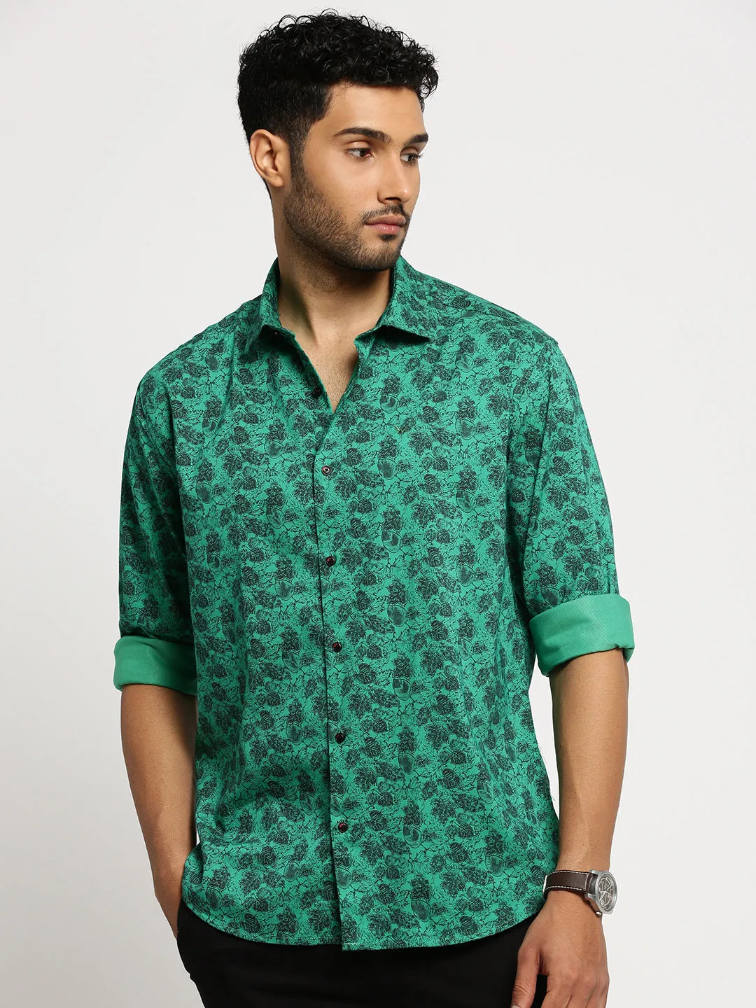 Men Green Spread Collar Floral Shirt