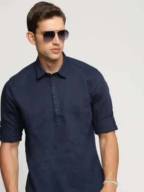 Men Navy Blue Solid Shirt Collar Casual Short Kurta