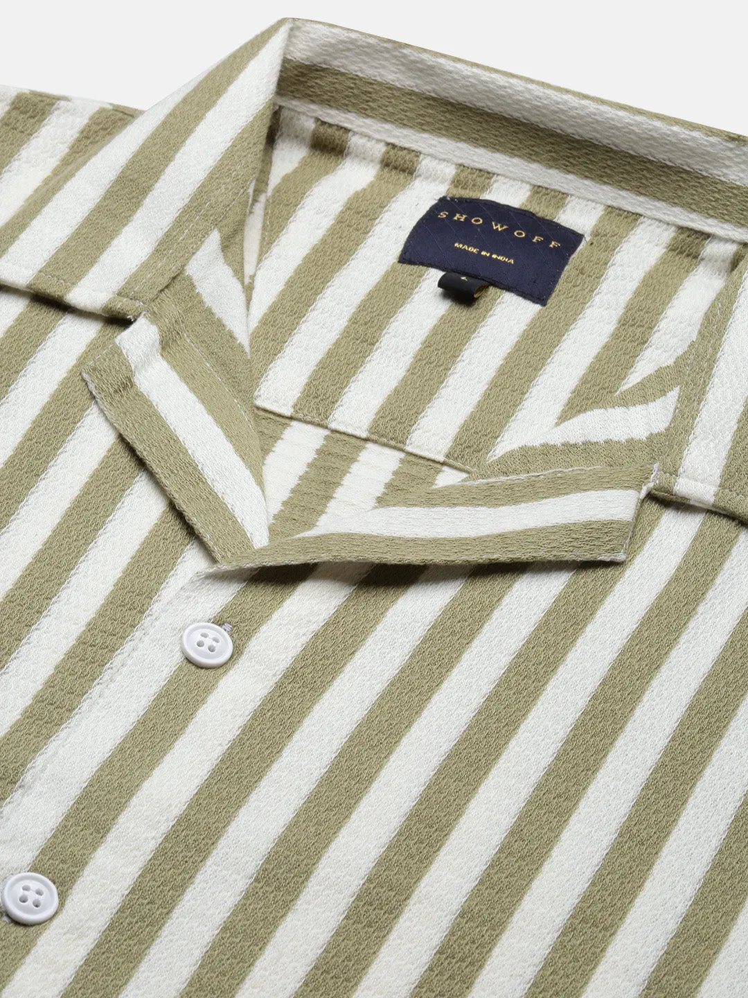 Men Olive Cuban Collar Striped Shirt