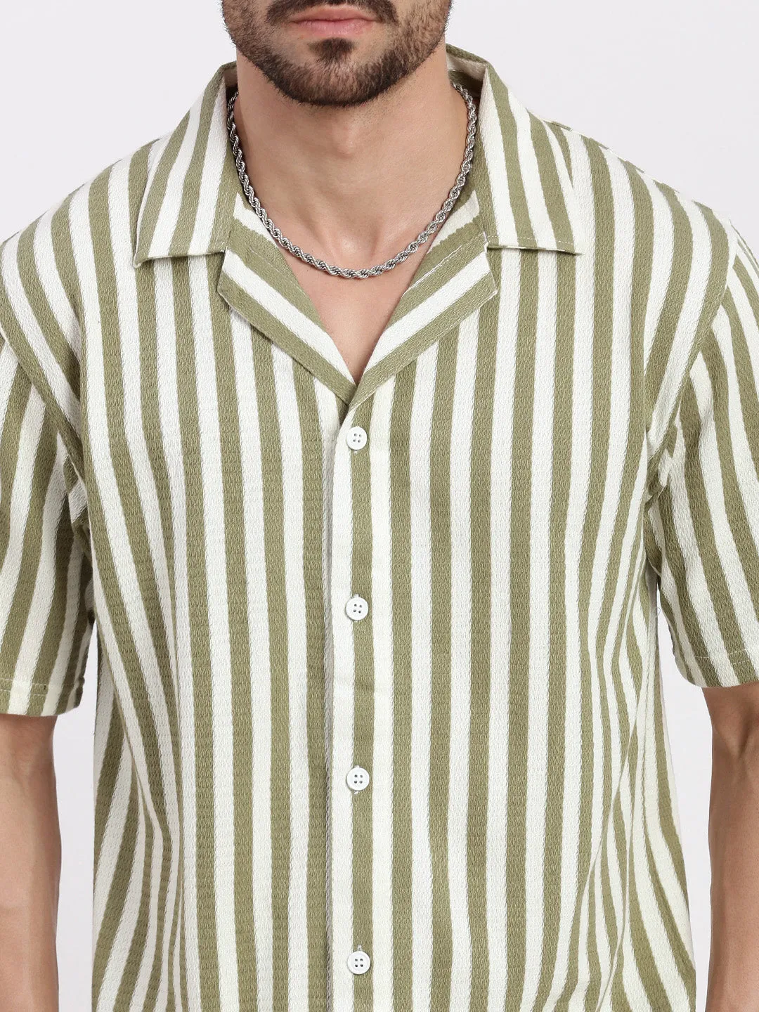 Men Olive Cuban Collar Striped Shirt