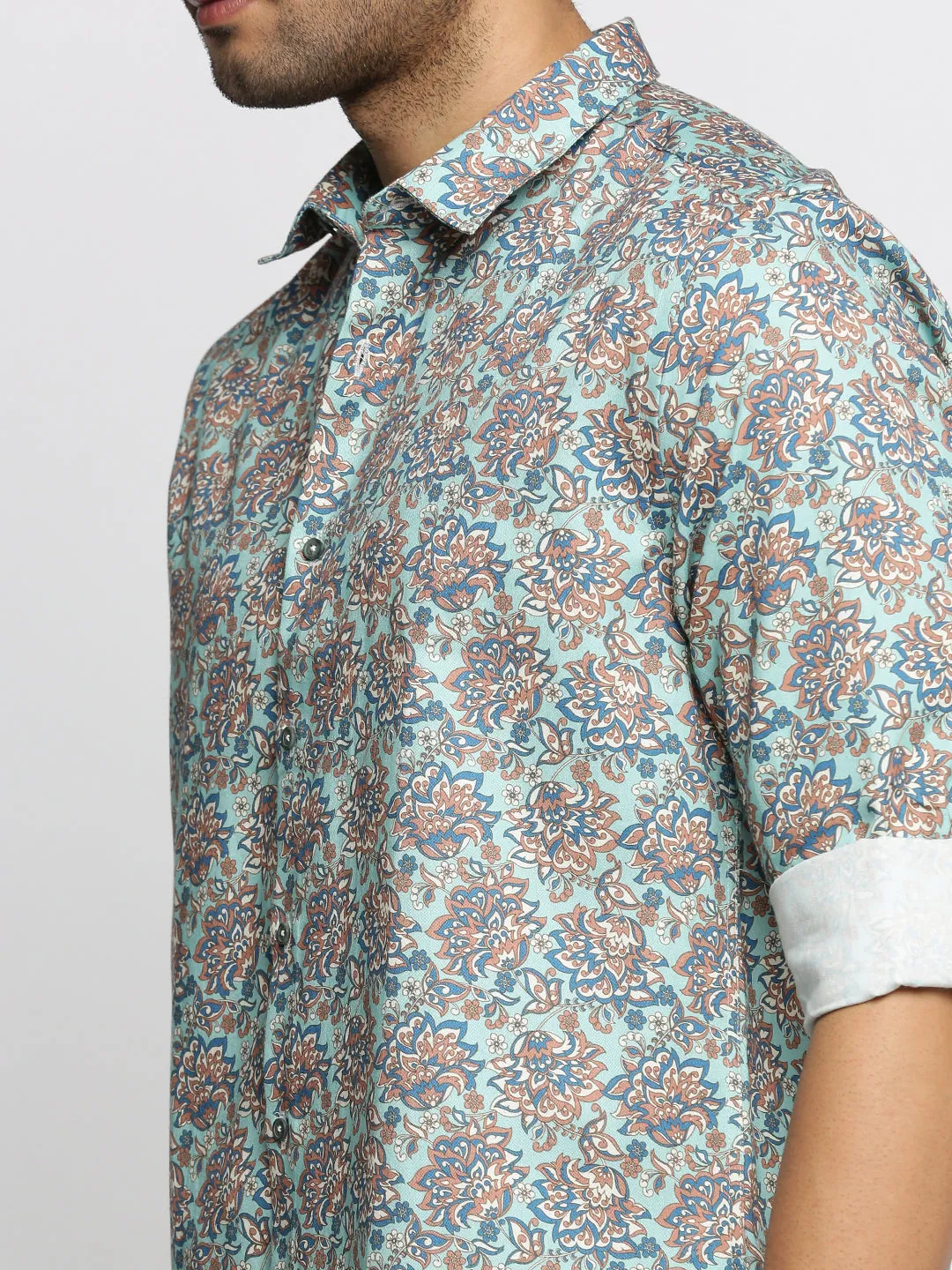 Men Sea Green Spread Collar Floral Shirt