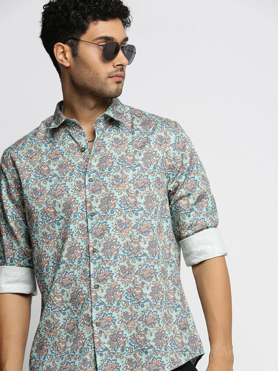 Men Sea Green Spread Collar Floral Shirt