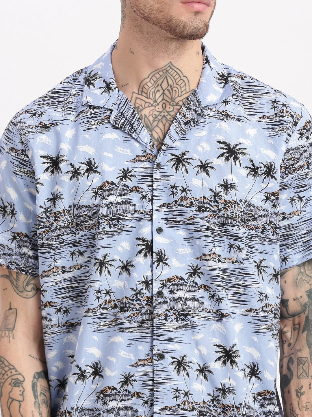 Men Tropical Cuban Collar Blue Co-Ords Set