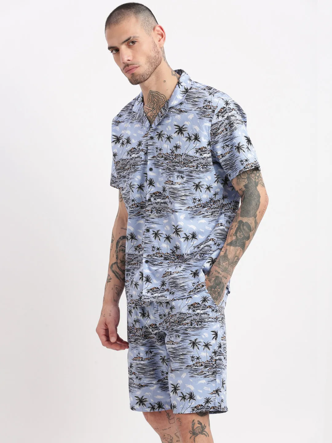 Men Tropical Cuban Collar Blue Co-Ords Set