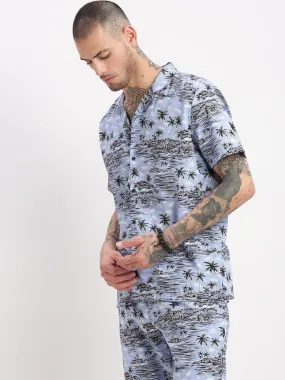 Men Tropical Cuban Collar Blue Co-Ords Set