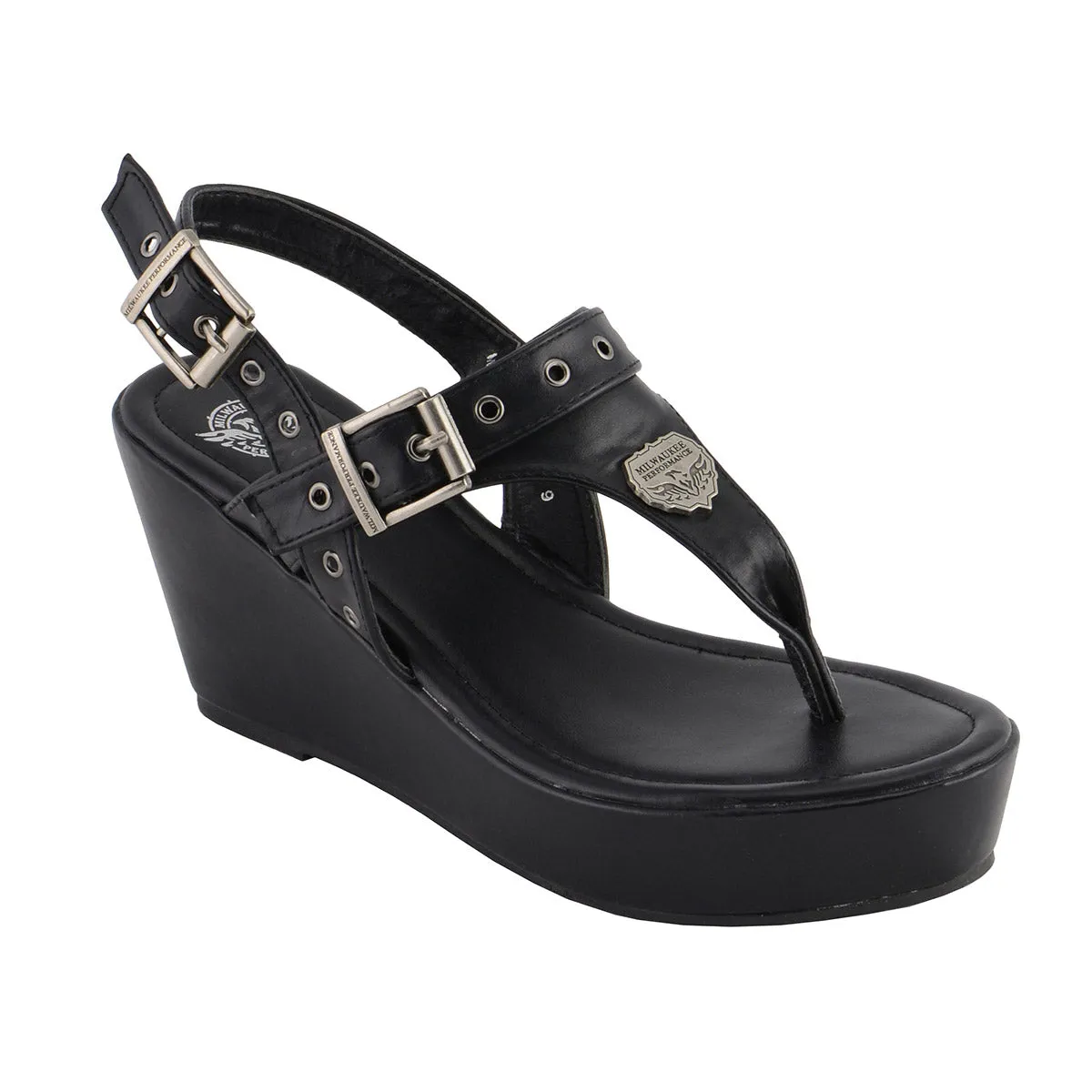 Milwaukee Leather MBL9411 Women's Black Wedge Fashion Casual Sandals with Buckled Straps