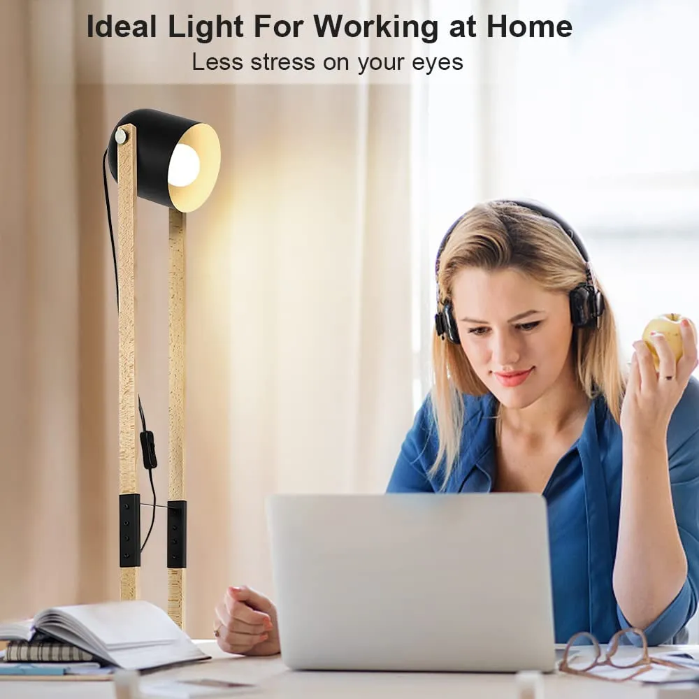 Modern Metal Wooden Floor Lamps For Living Room, 360° Heads Rotatable Standing Light With Pressure Switch