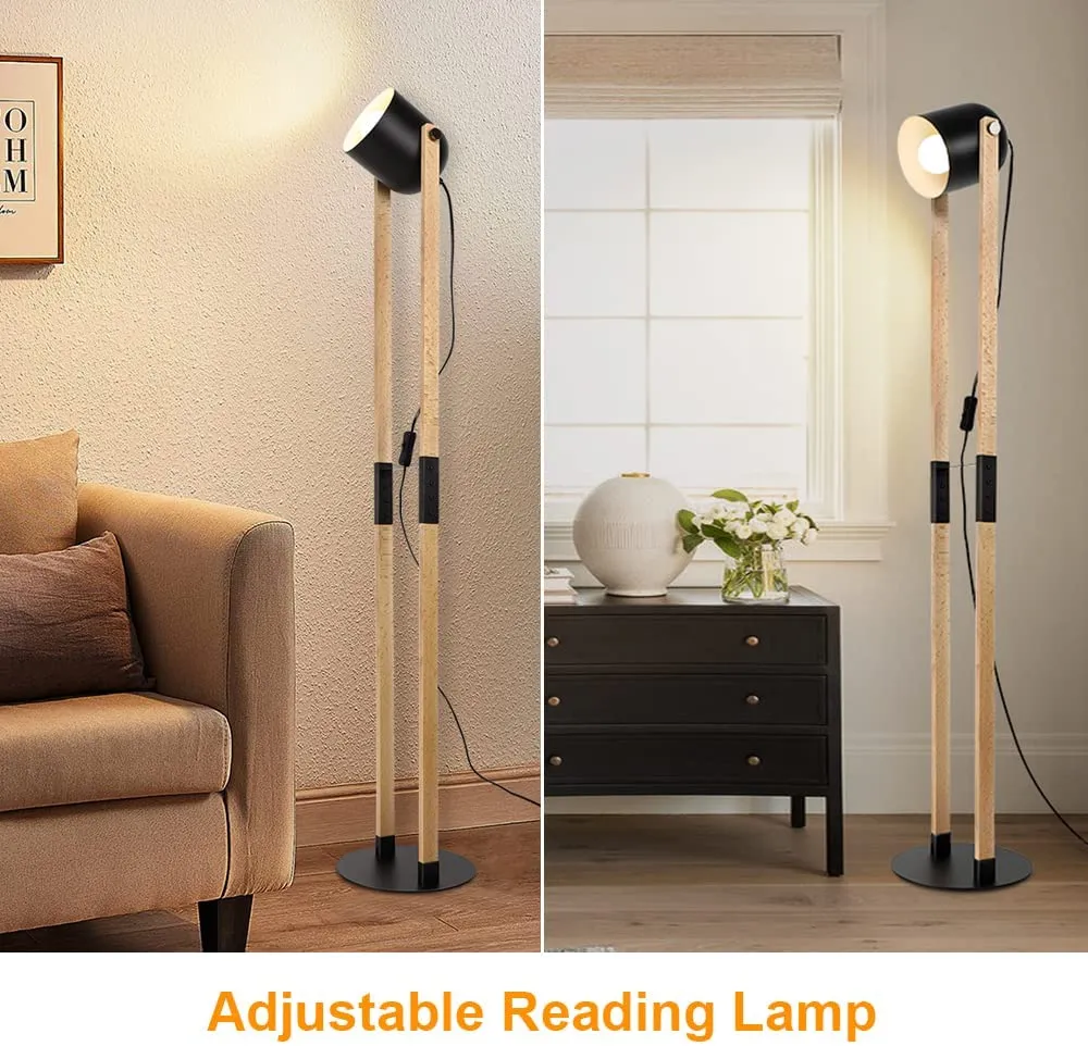 Modern Metal Wooden Floor Lamps For Living Room, 360° Heads Rotatable Standing Light With Pressure Switch