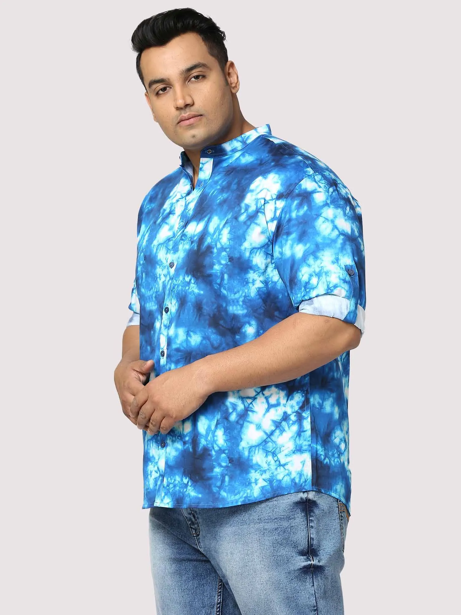 Ocean Digital Printed Chinese Collar Men's Plus Size Full Shirt