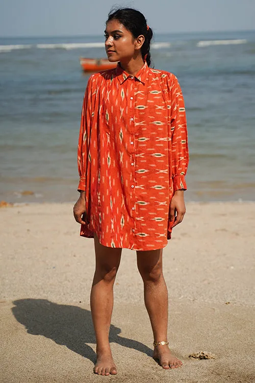 Okhai "Oleander" Orange Ikkat Pure Cotton Shirt Dress