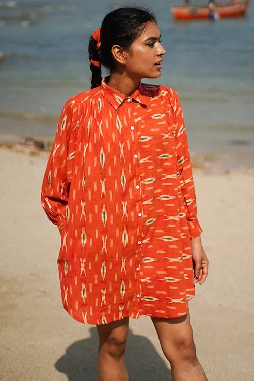 Okhai "Oleander" Orange Ikkat Pure Cotton Shirt Dress