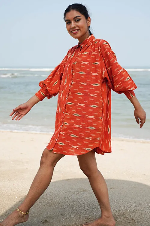 Okhai "Oleander" Orange Ikkat Pure Cotton Shirt Dress