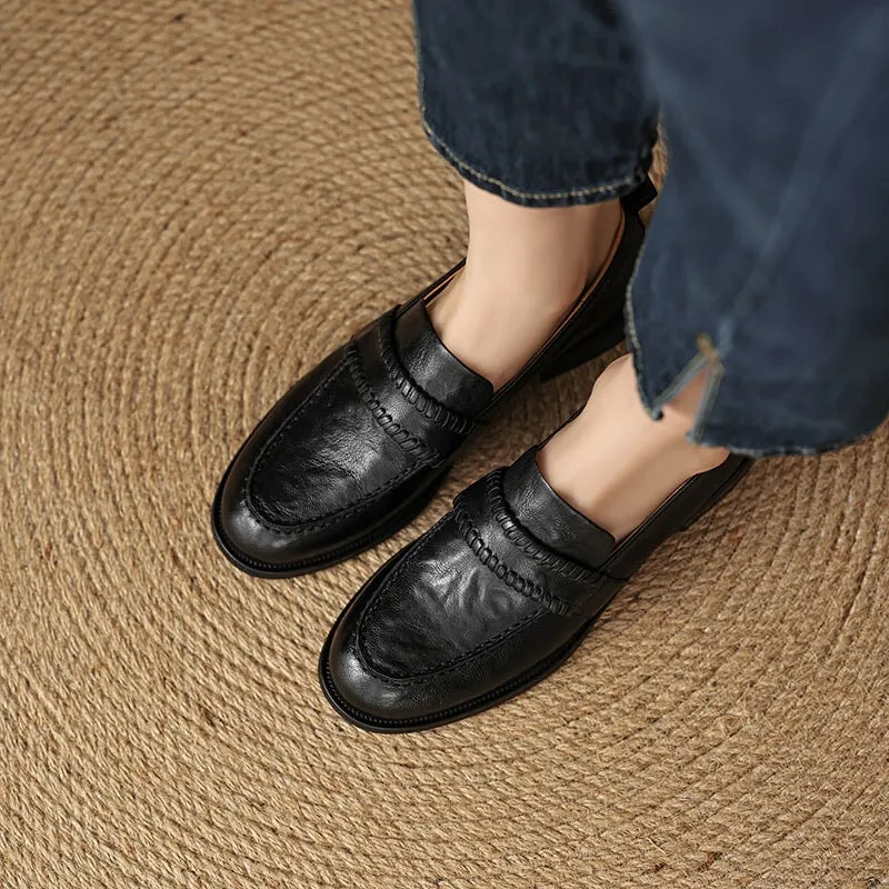 Retro British Style Cowhide Round Toe Loafers In Black/Brown/Coffee