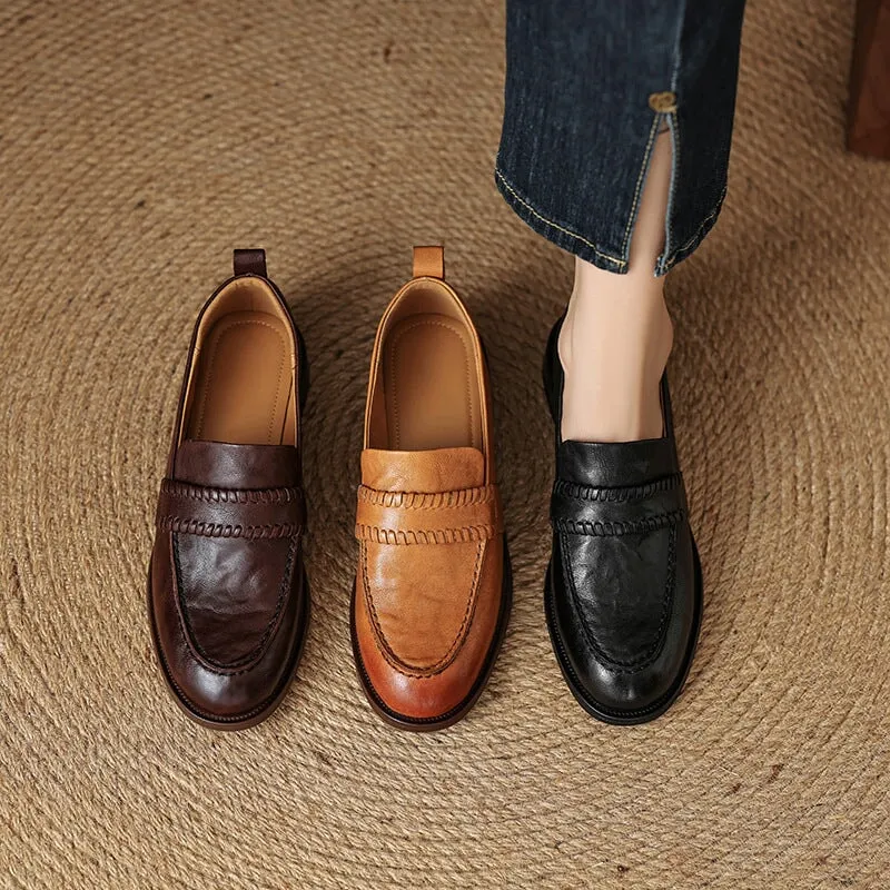 Retro British Style Cowhide Round Toe Loafers In Black/Brown/Coffee