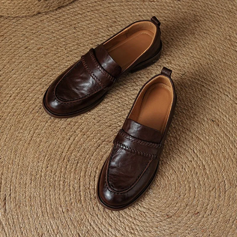 Retro British Style Cowhide Round Toe Loafers In Black/Brown/Coffee