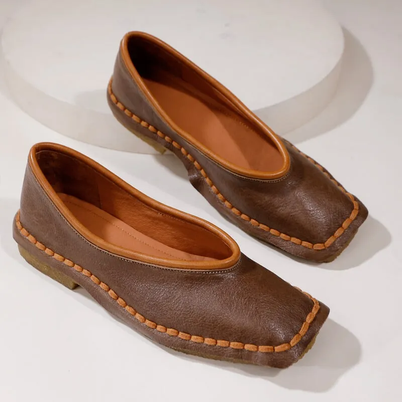 Retro Soft Leather Loafers Breathable Slip Ons Handmade in Brown/Khaki